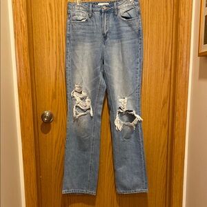 Blue Straight Leg Jeans with Distressed Details